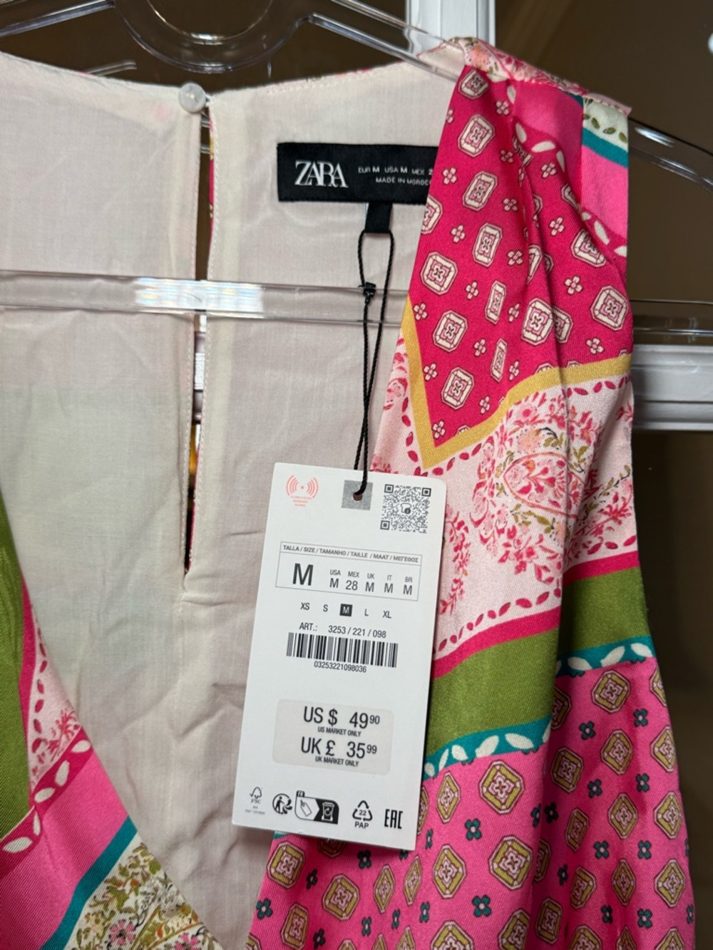Zara Pink Multicolor patchwork, print dress satin V-neck - Picture 4 of 7